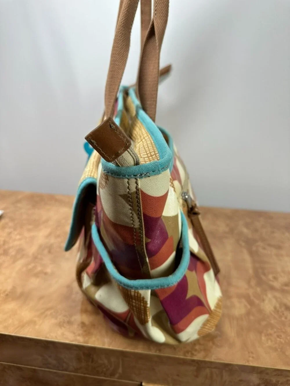 Fossil Key-Per Floral Coated Canvas Diaper Bag Large Tote Retro Y2K